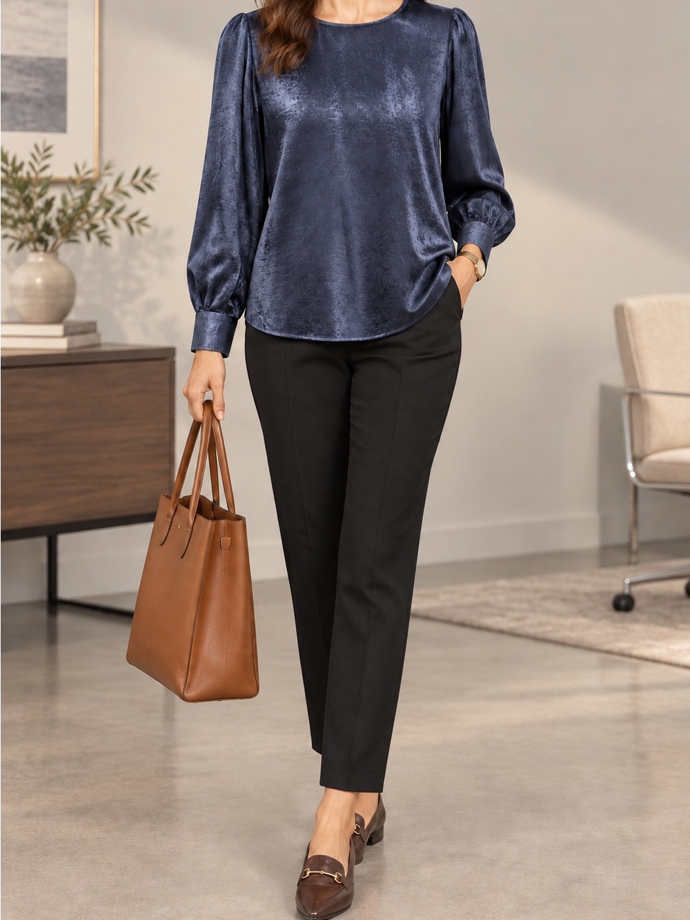 Banana Republic Satin Navy Puff-Sleeve Blouse
